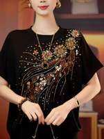 QIAOXIZI | Áo Thun Nữ Cỡ Lớn Tay Ngắn Đính Kim Cương Tạo Hiệu Ứng Giảm Béo Phong Cách Trẻ Trung Dành Cho Phụ Nữ Trung Niên Áo Phông Thời Trang Mùa Hè