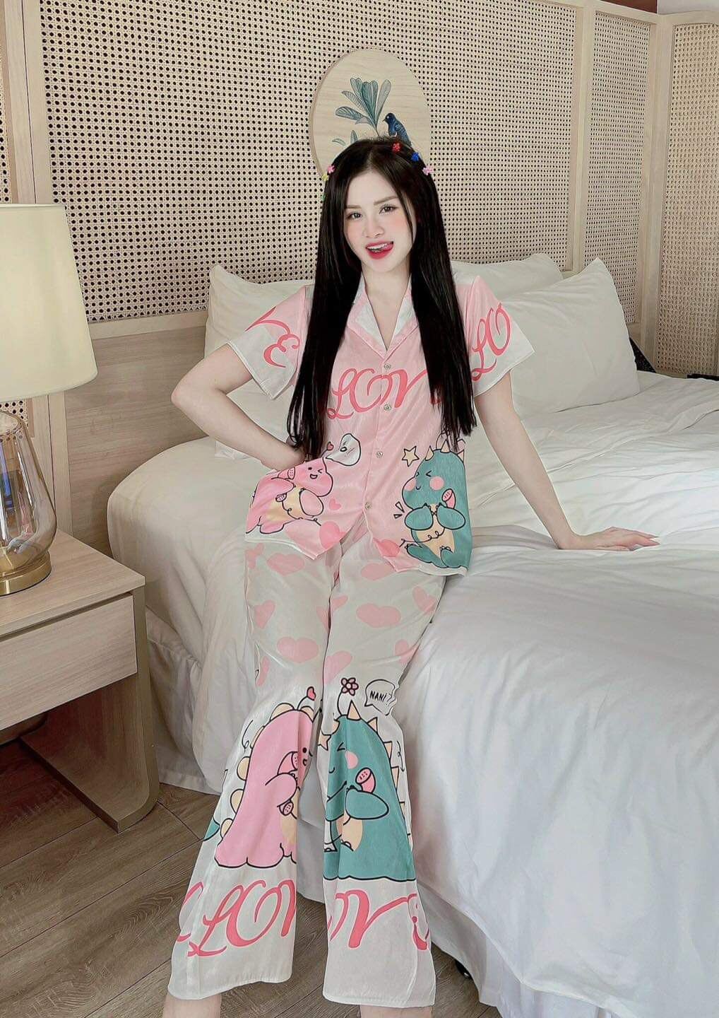 Freesize dưới 55kg - ĐỒ BỘ TK LỤA XƯỚC, PIJAMA CD HÌNH KHỦNG LONG SIÊU IU