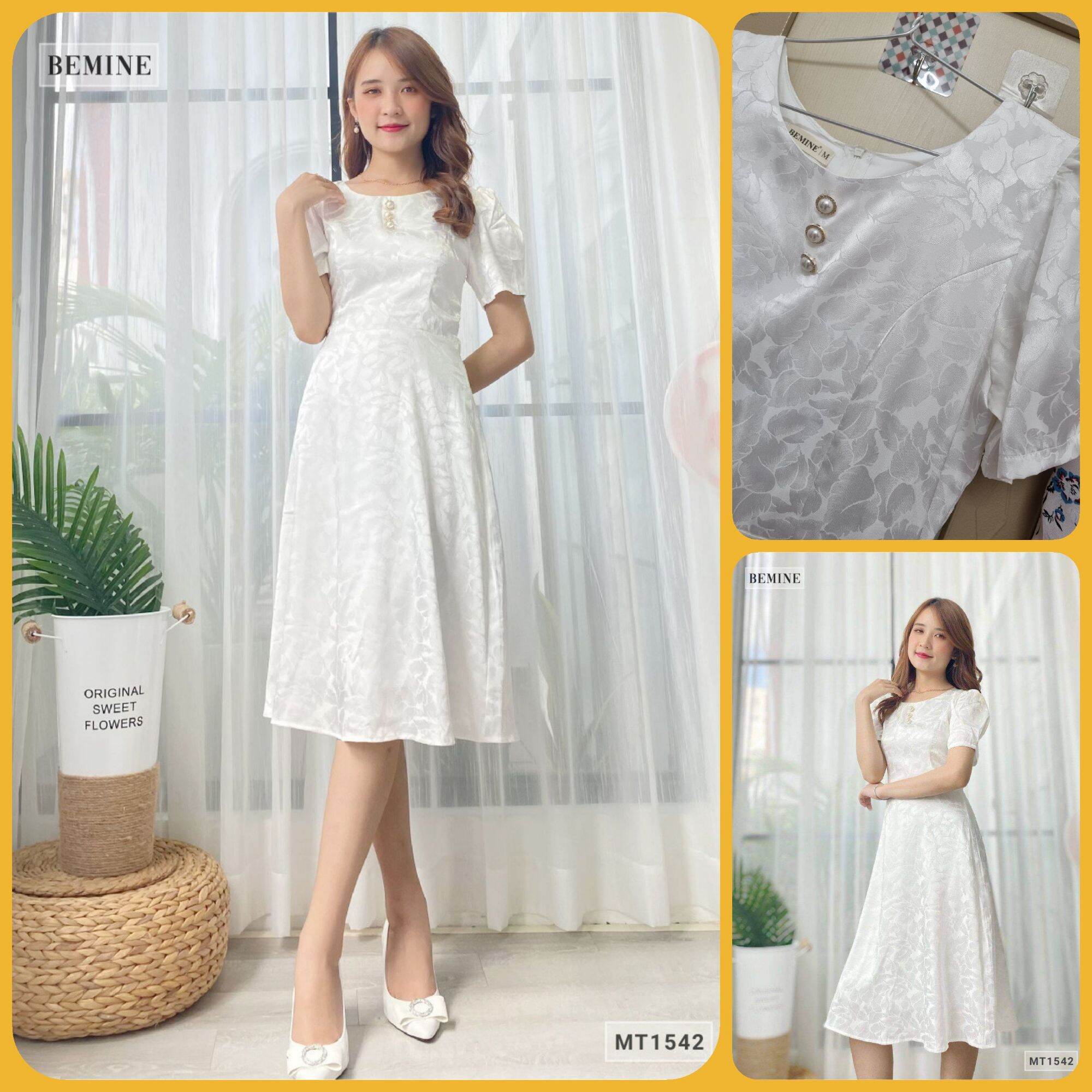 - thanh lý tủ đồ - đầm lụa bemine 3 cúc trắng 2 lớp size m: ngực: 90 - eo: 74 - mông: free