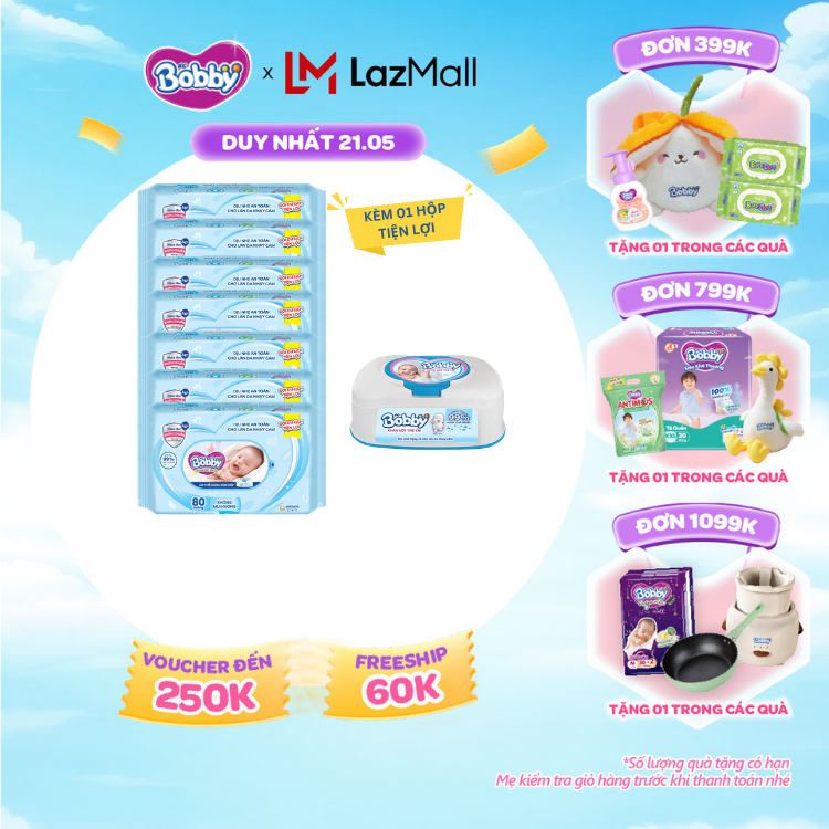 [SALE CUỐI THÁNG tặng QUÀ TO-SLCH][Tặng 1 hộp tiện lợi] Bộ 7 gói khăn giấy ướt trẻ em Bobby Care gói Bổ sung không mùi - 80 miếng
