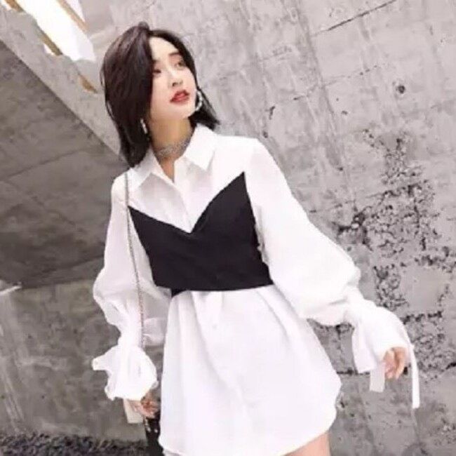 Áo sơ mi phối đây chéo đen cột dây tay xinh đẹp t1