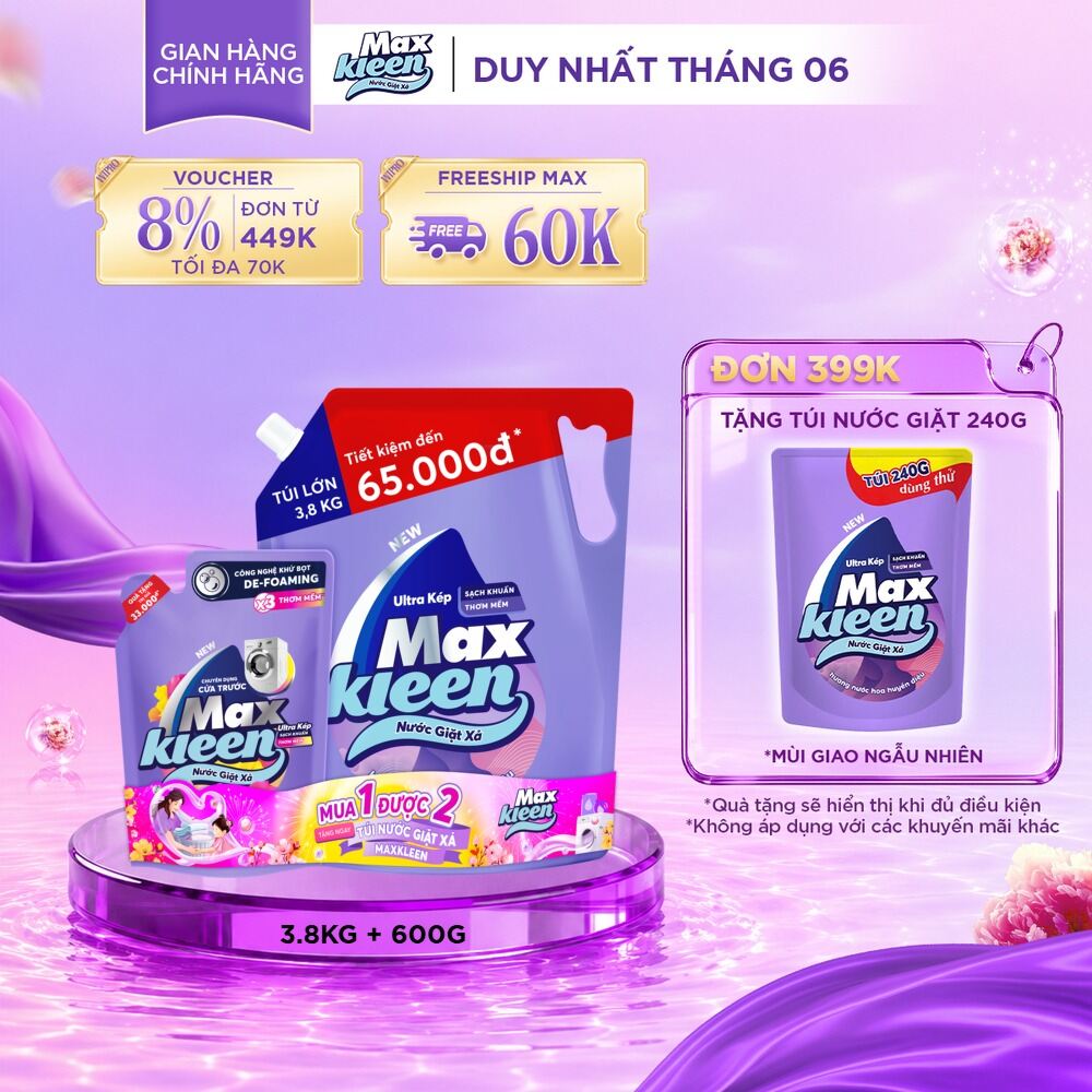 Combo Nước giặt xả MaxKleen Hương Nước Hoa Huyền Diệu: 1 Túi 3.8kg + 1 Túi 600g