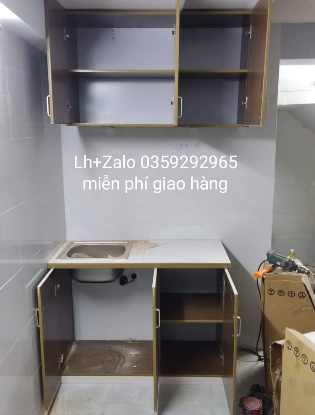 bộ tủ bếp mini nhựa đài Loan ốp mặt gạch sẵn bồn rửa