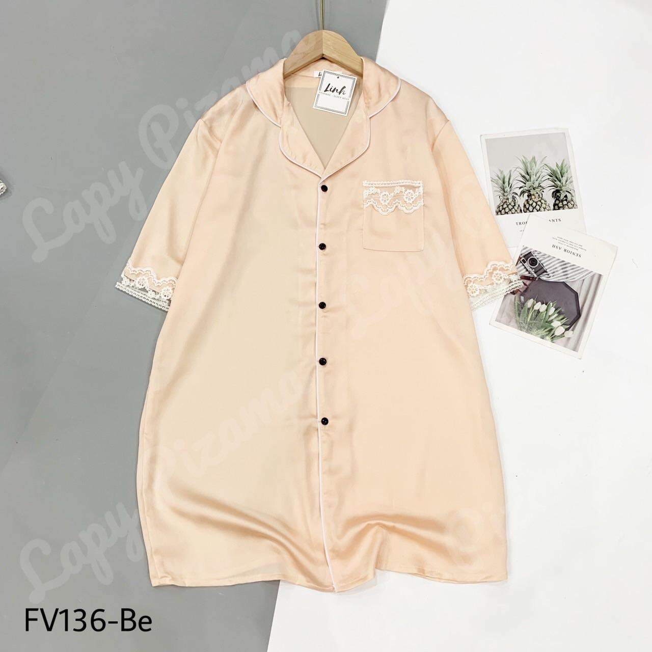 Váy ngủ lụa satin phối ren, váy suông sơ mi lụa mềm mát, Lapy pizama váy ngủ