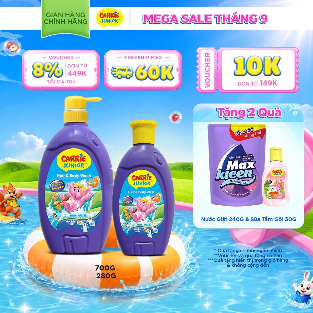 Combo Sữa Tắm Gội cho bé Carrie Junior chiết xuất trái cây thiên nhiên Tinh Chất Sữa 700g + 280g