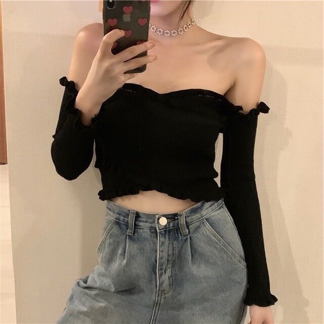 Áo trễ vai croptop chéo ngực