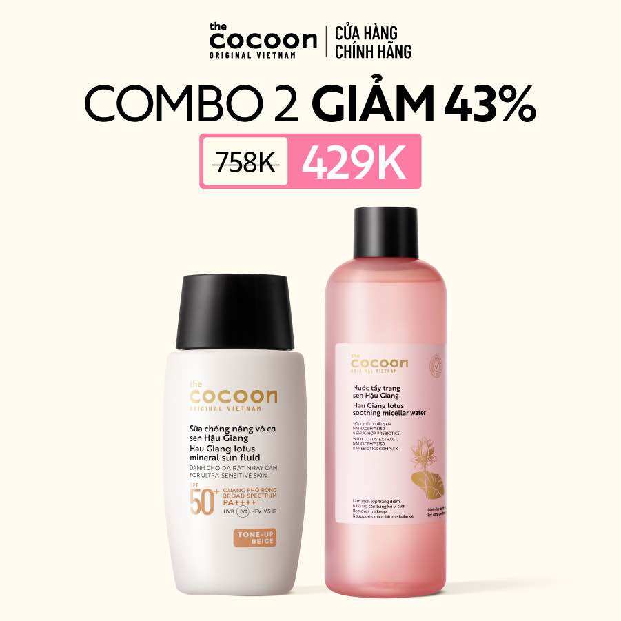 COMBO 1 Sữa Chống Nắng Vô Cơ Sen Hậu Giang - Tone up Beige Cocoon 50ml + 1 Bigsize Nước Tẩy Trang Sen Hậu Giang 500ml