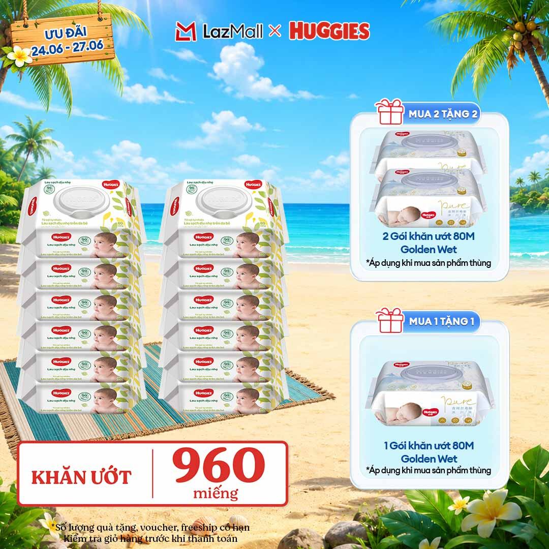 [Chỉ 25-29.06 GIẢM THÊM 90K] Thùng khăn giấy ướt 12 gói Huggies 80 miếng không mùi