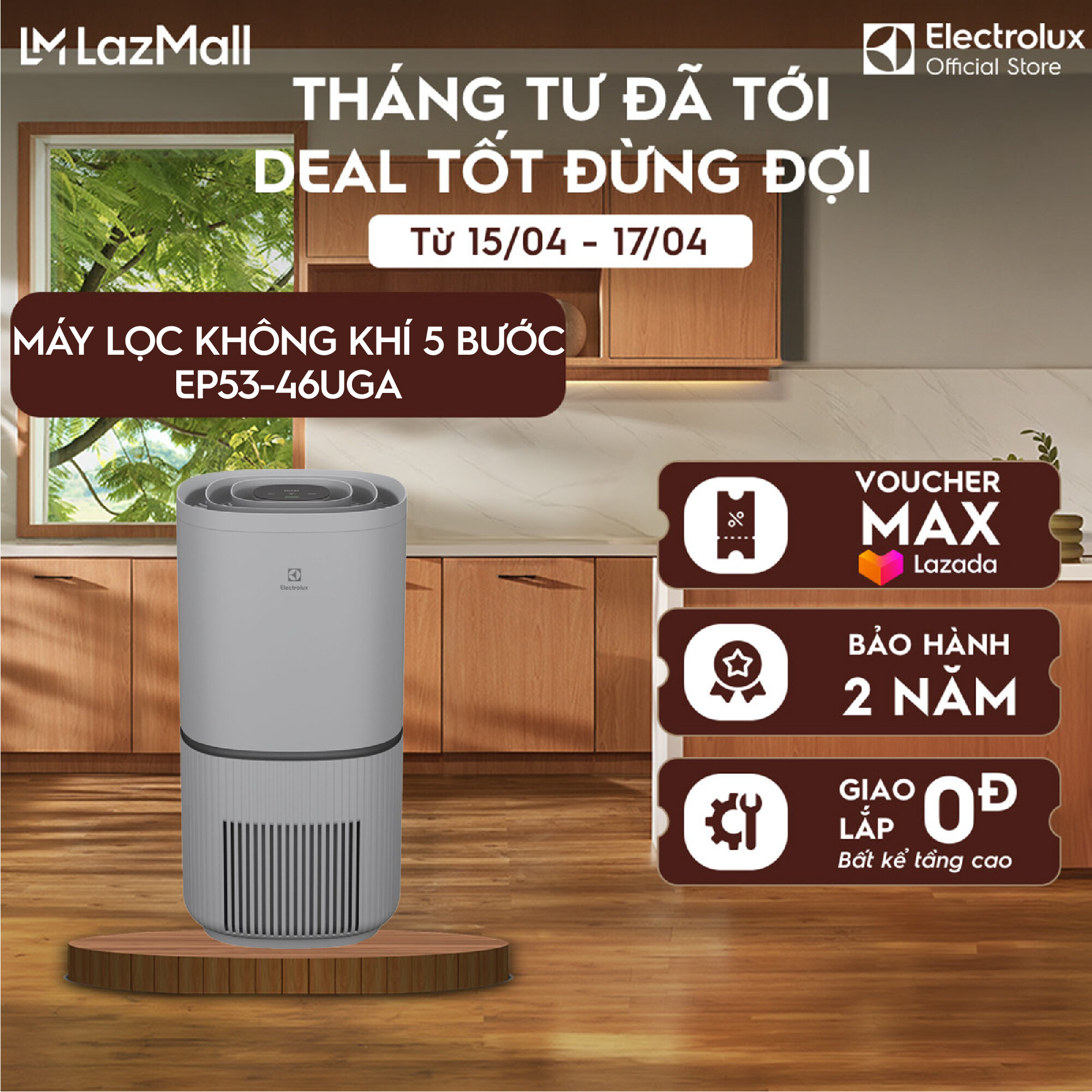 [MỚI] Máy lọc không khí Electrolux EP53-46UGA - phòng 52m² - Bộ lọc 5 lớp diệt 99.99% vi khuẩn  bụi mịn, lọc sạch không khí chỉ trong 15 phút