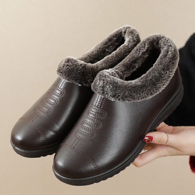 Giày Cho Mẹ Giày Cotton Bốt Đi Tuyết Lót Lông Giữ Ấm Mùa Đông Cho Nữ Trung Niên Và Cao Tuổi Giày Da TRUNG NIÊN Đế Mềm Chống Trơn Bốt Ngắn Cho Người Già