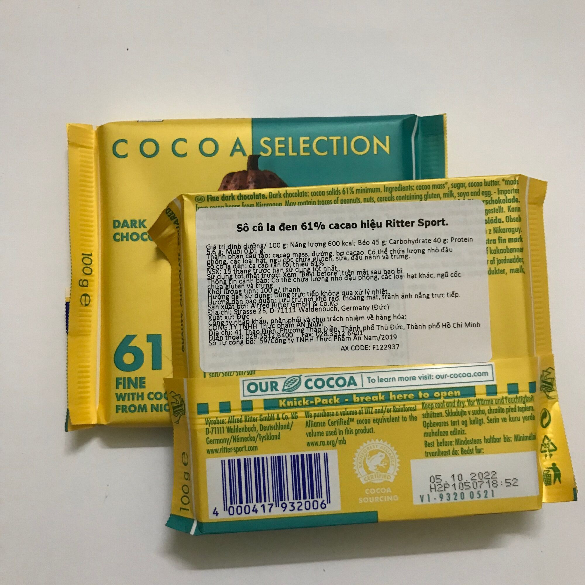 Socola Đen Ritter Sport 61% Cacao Thanh 100g