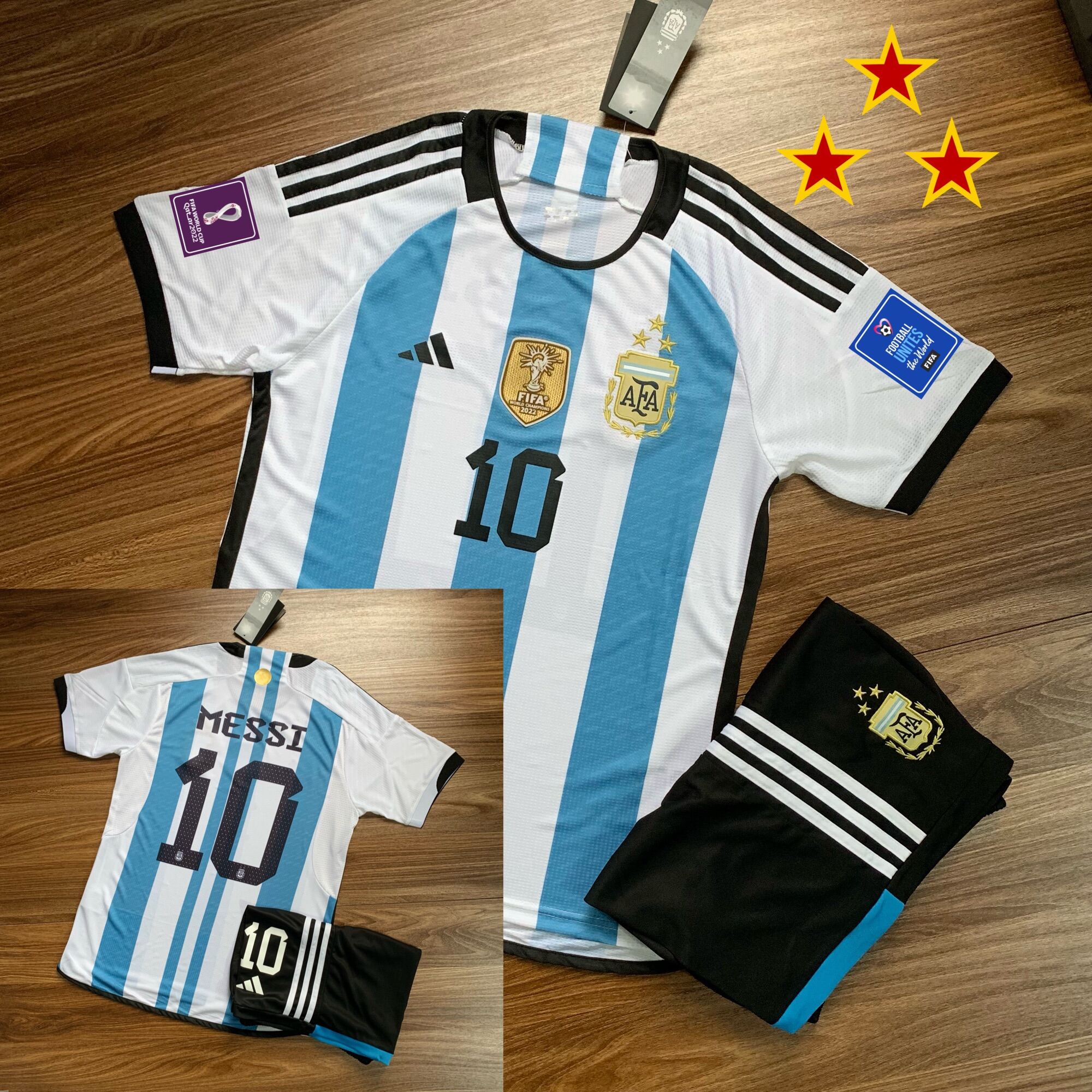 Áo Quần Bóng Đá Đội Tuyển Argentina WC 3 Sao 2022 - Chất Polyeste Cao Cấp, Vải Thái Chuẩn 99% Thi Đấu