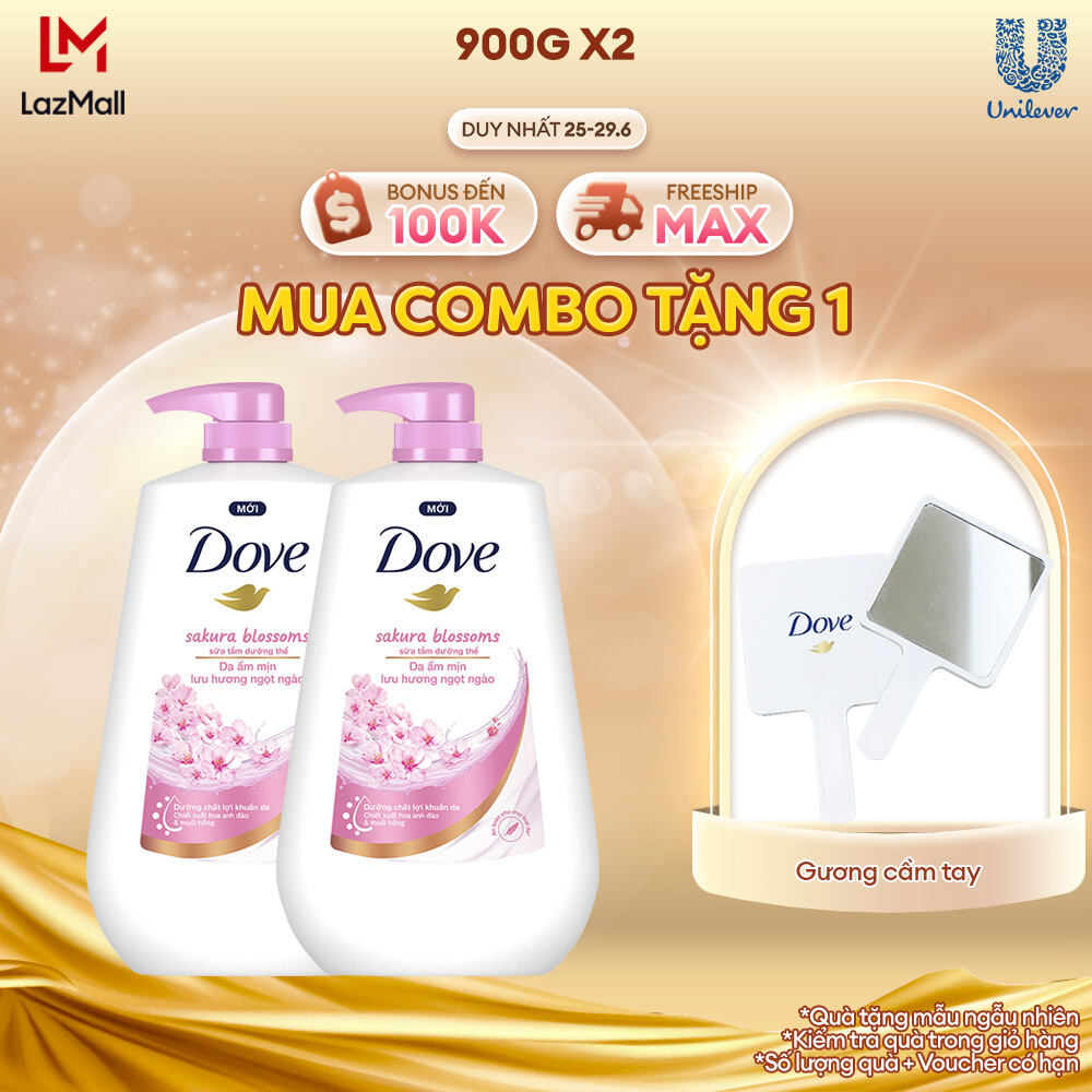 Combo 2 Sữa tắm dưỡng thể Dove Sakura Blossoms Da mịn hương hoa với hương hoa anh đào & muối hồng 900g/chai