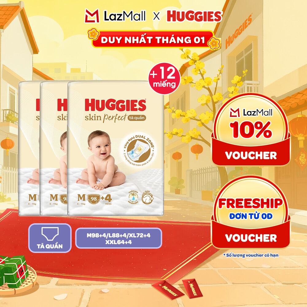  Combo 3 gói Tã quần Huggies Skin Perfect Mega Jumbo M98+4 L88+4 XL72+4 XXL64+4 miếng với 2 vùng thấm giảm kích ứng da 