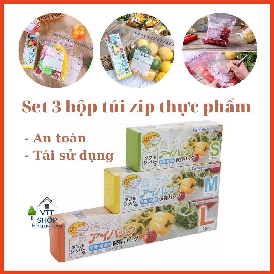 Set 3 hộp túi zip đựng thực phẩm Nhật Bản