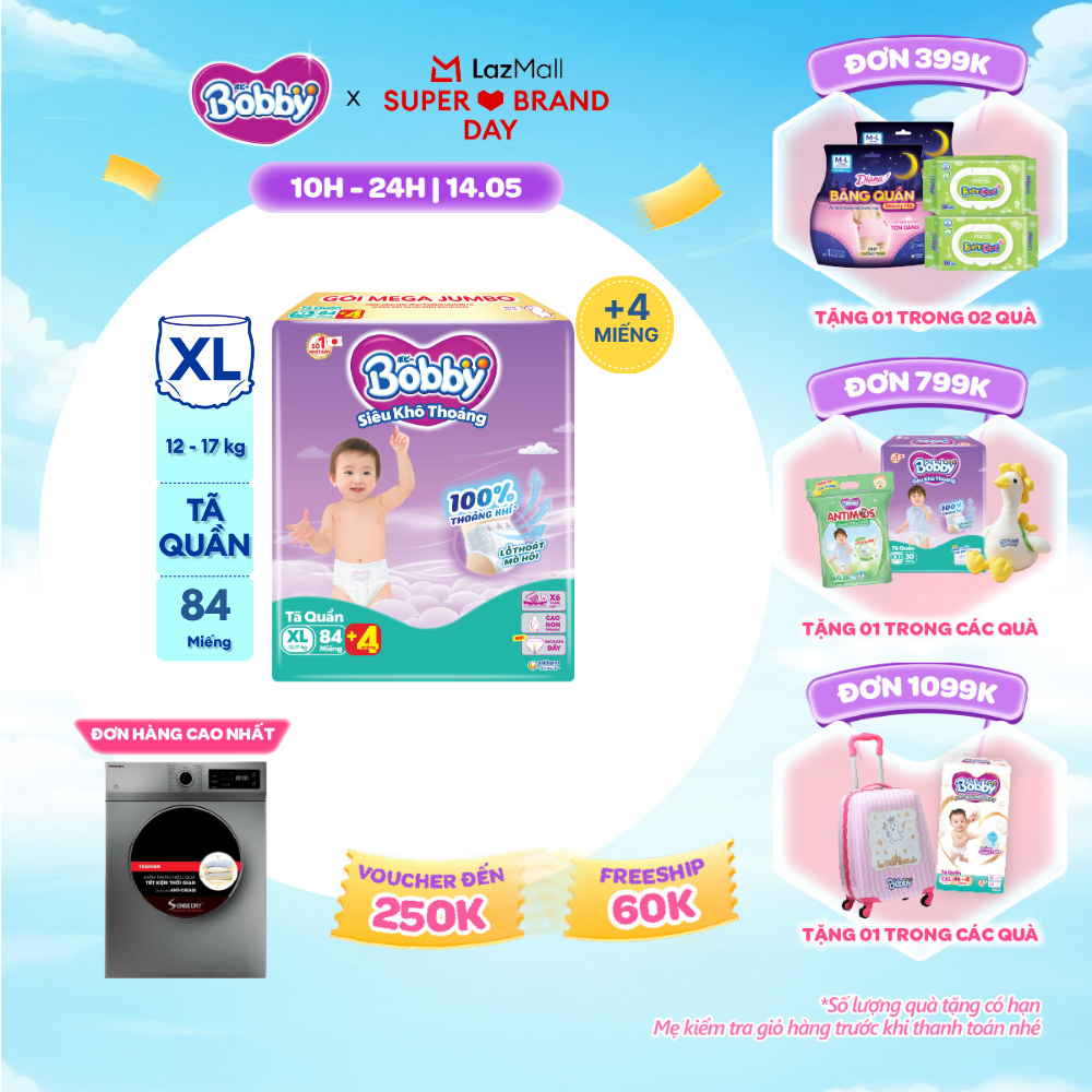 [SALE GIỮA THÁNG tặng QUÀ TO-SLCH] Tã/bỉm quần Bobby 3mm Mega Jumbo Gạo non Giảm nhiệt XL84