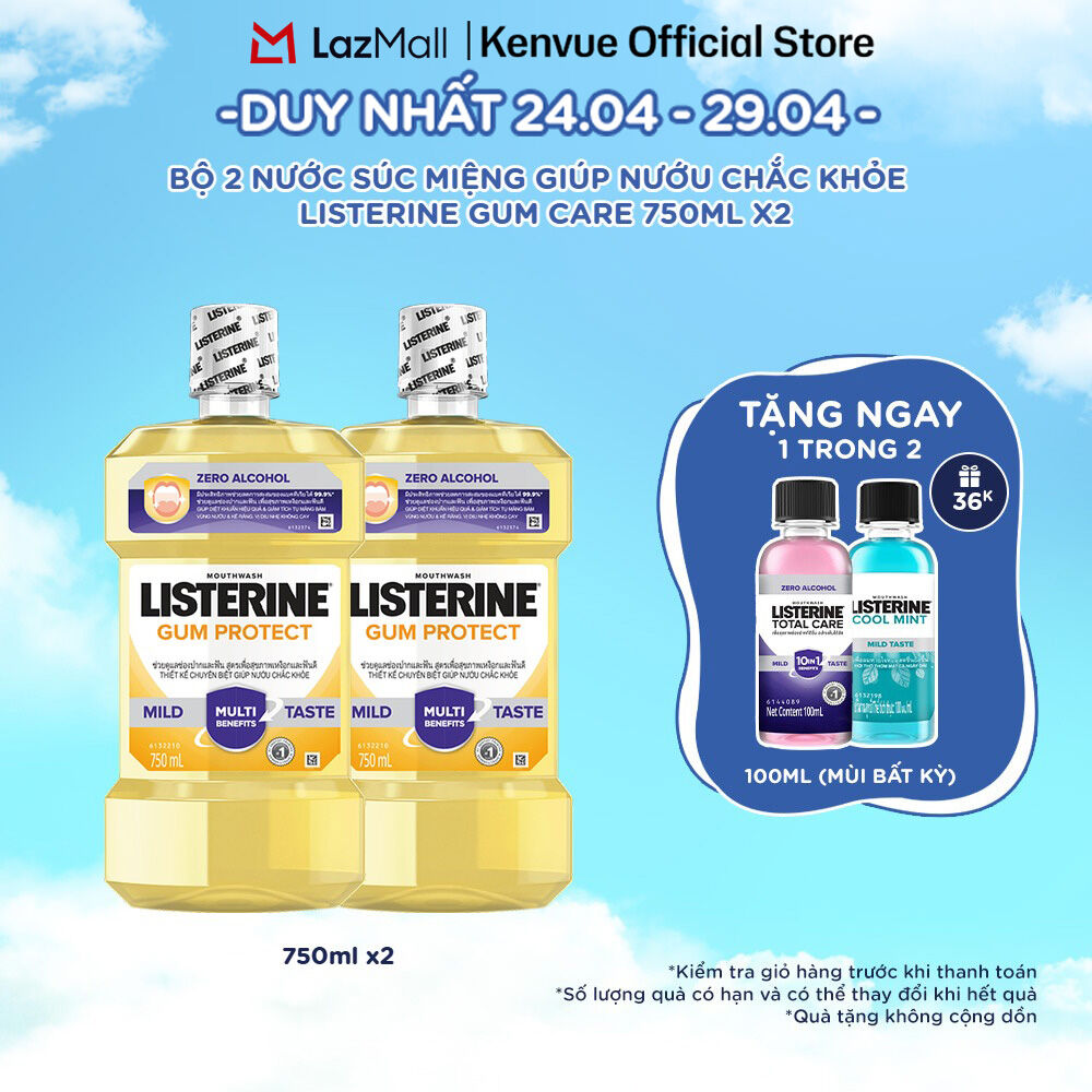 Bộ 2 Nước súc miệng giúp nướu chắc khỏe Listerine Gum Protect Zero Alcohol 750ml/chai
