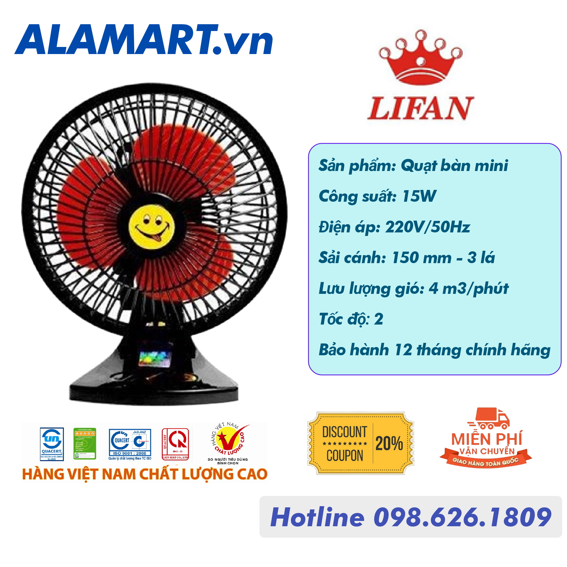 Quạt bàn mini Lifan B-106 siêu cute - mát, nhỏ gọn phù hợp văn phòng, để bàn làm việc