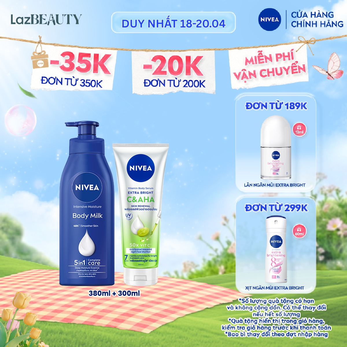 Bộ Sữa Dưỡng Thể NIVEA Dưỡng Ẩm Chuyên Sâu 48H (380 ml) và Serum Dưỡng Thể NIVEA Vitamin Extra Bright CAHA (300 ml)