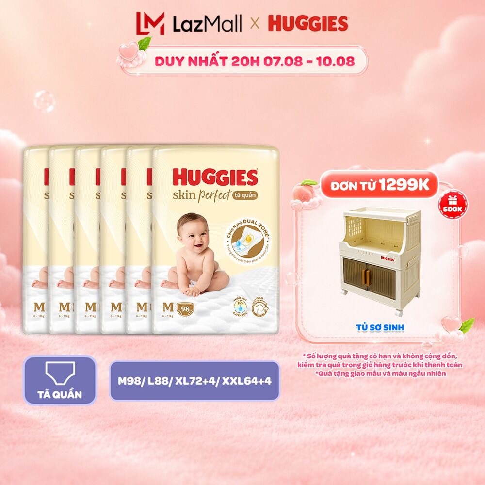 Combo 6 Huggies Skin Perfect - Tã Quần M98/L88/XL72/XXL64|Tã Dán NB70/S54/S80/M76|Miếng Lót Sơ Sinh NB1 64+6/108+9