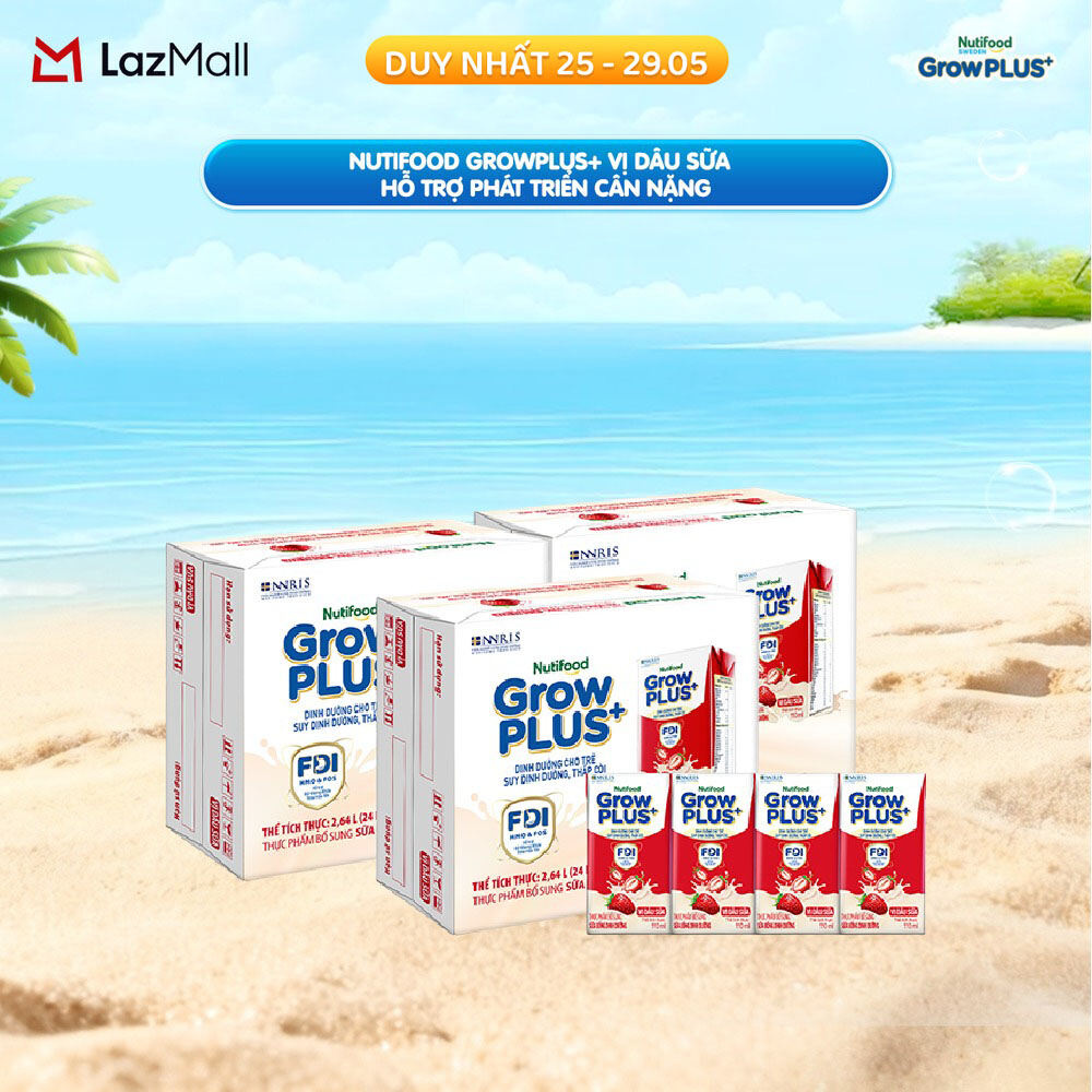 Combo 3 Thùng 24 hộp Sữa bột pha sẵn Nutifood GrowPLUS+ Vị Dâu Sữa hộp 110ml - Hỗ trợ phát triển cân nặng