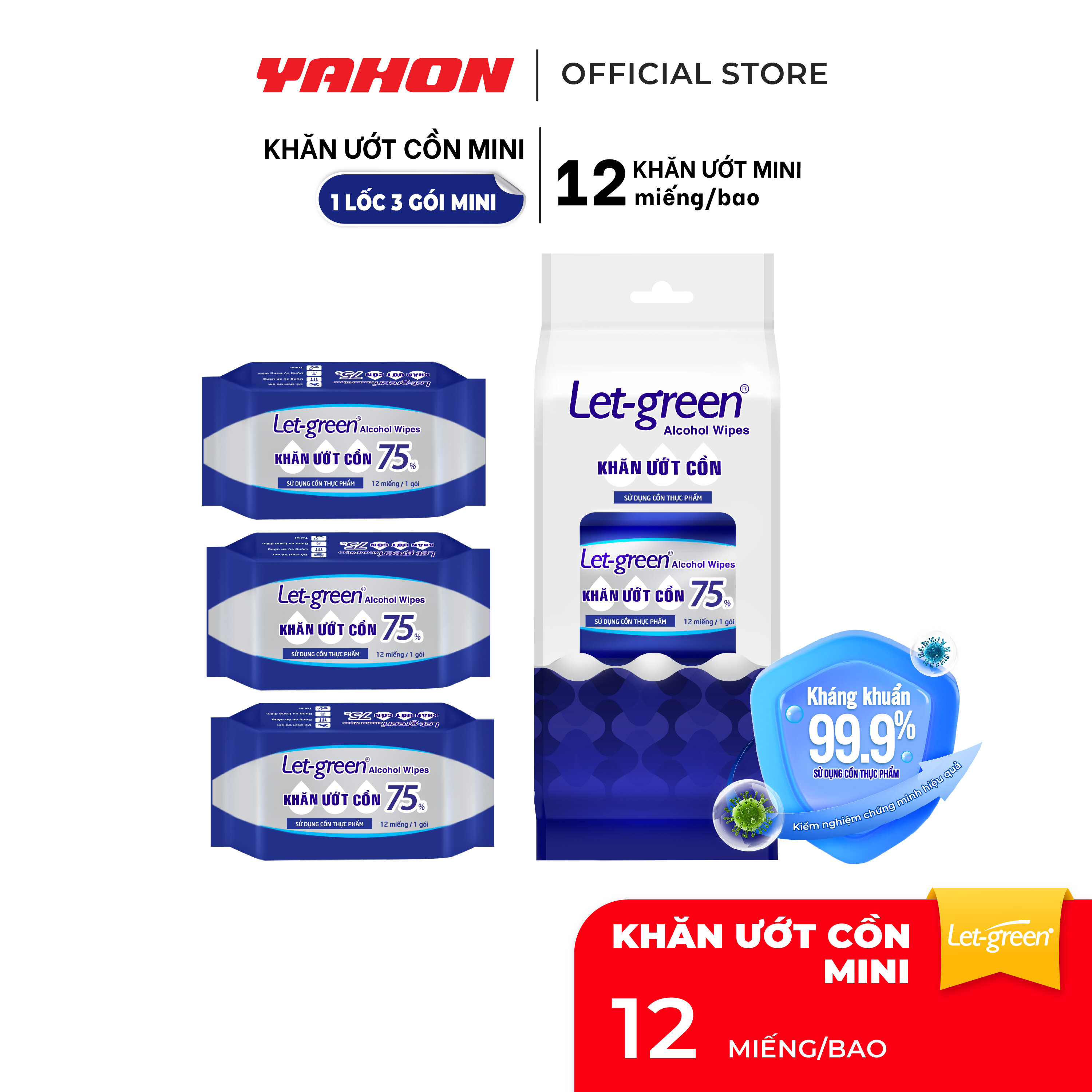 Lốc 3 Gói Khăn Ướt Cồn Mini LET-GREEN 12 Miếng | Sạch Khuẩn Tức Thì An Toàn Tiện Lợi