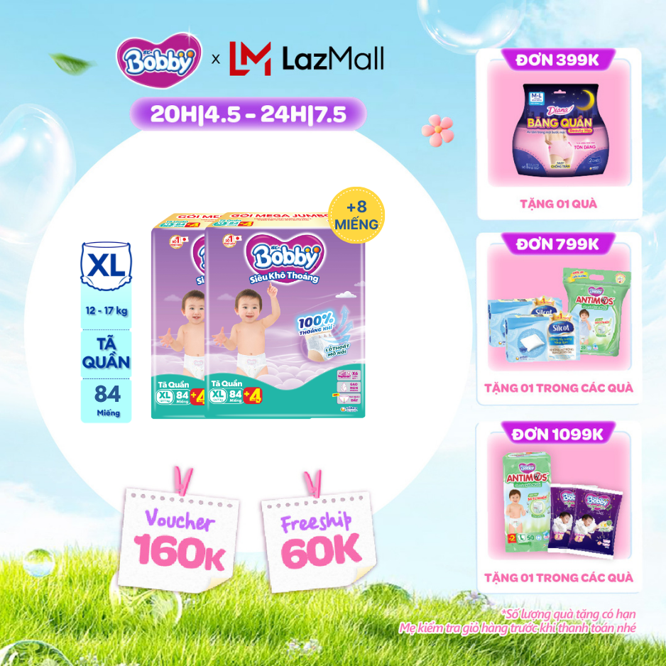 [CHỈ 20h 04-07.05 QT Đơn 899K/1199K][TẶNG MIẾNG NGẪU NHIÊN] Combo 2 Tã/bỉm quần Bobby 3mm Mega Jumbo Gạo non Giảm nhiệt XL84