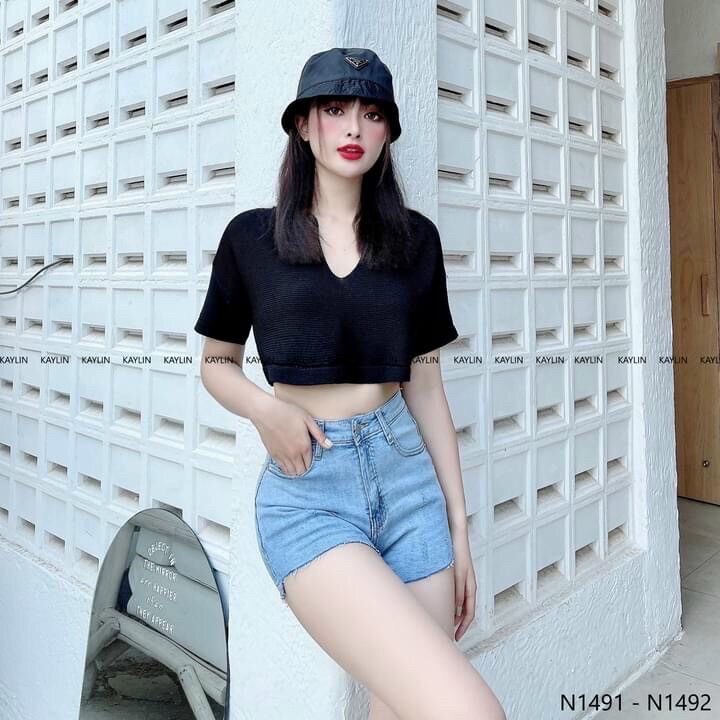 💥Áo len croptop cộc tay cổ bẻ dáng thụng