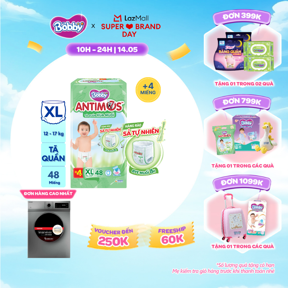 [SALE GIỮA THÁNG tặng QUÀ TO-SLCH][TẶNG KÈM 4 MIẾNG] Tã Quần Xua Muỗi Bobby Antimos – Hàng rào Sả tự nhiên Bye Muỗi 8H - Size XL 48 miếng