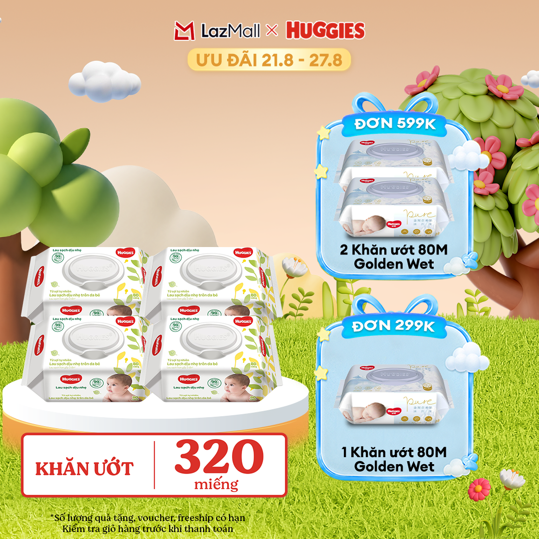 [17-24.08 GIẢM THÊM 90K] Combo 4 gói Khăn giấy ướt cho trẻ sơ sinh HUGGIES 80 miếng không mùi