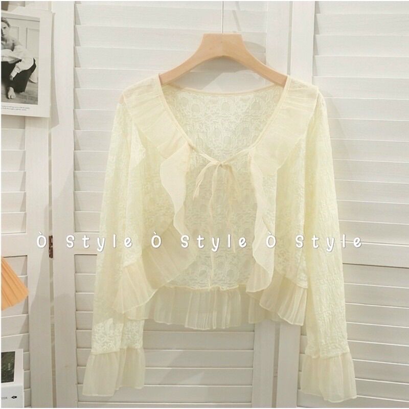 Áo khoác mỏng ren bèo dáng lửng buộc dây
