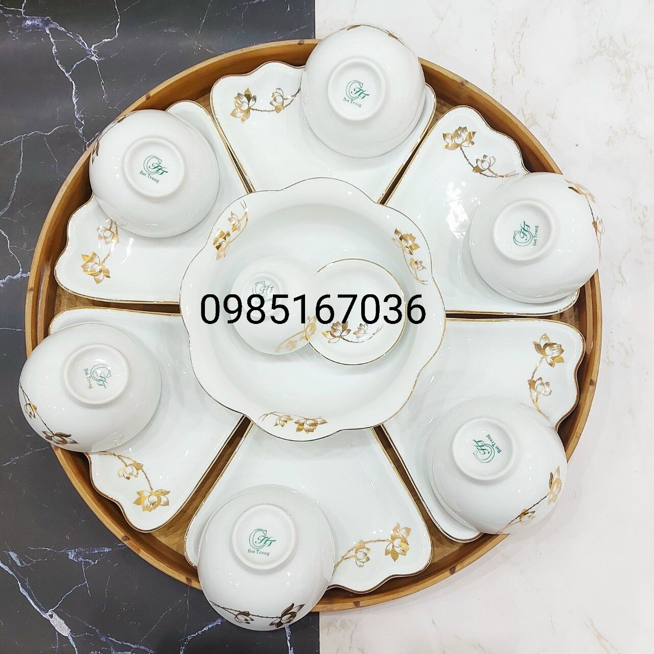 Bộ bát đĩa hoa mặt trời sen vàng kim.Hàng gốm sứ Bát Tràng