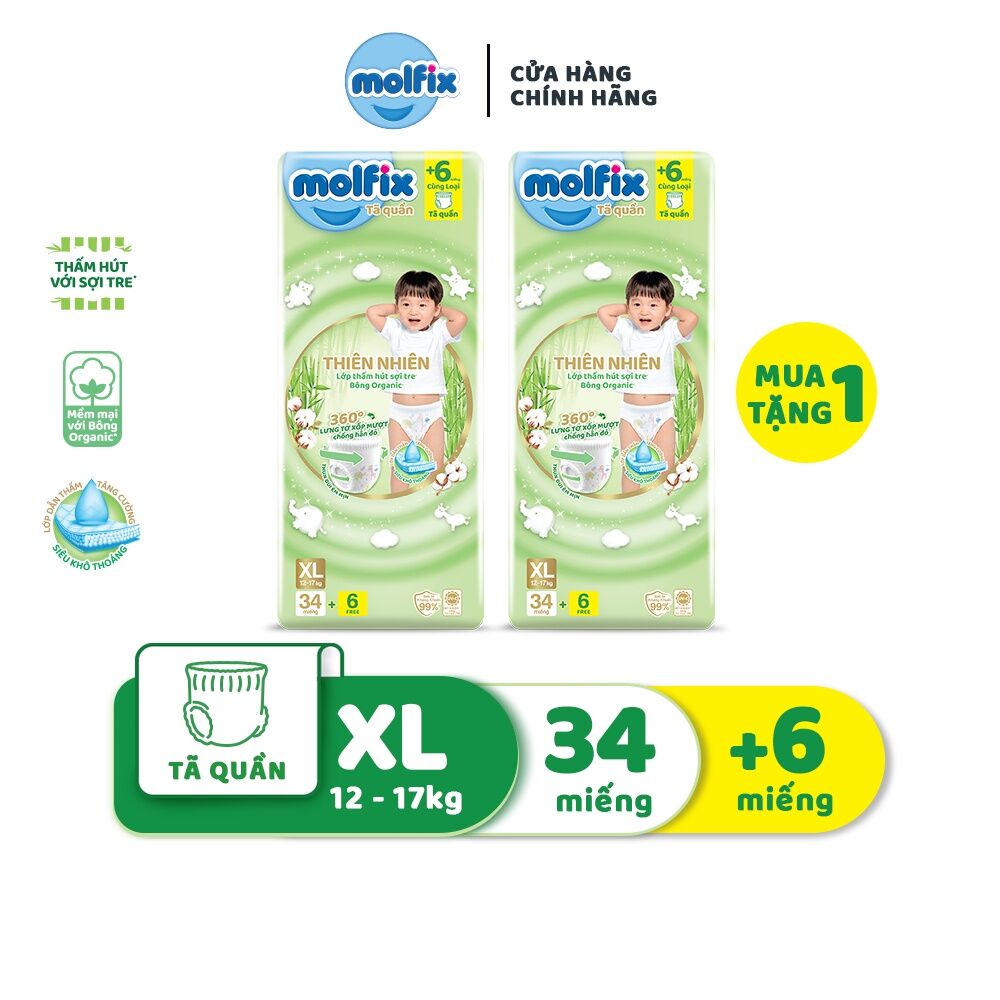 Tã/bỉm quần thiên nhiên Molfix Jumbo XL (12kg-17kg) Gói 34+6 miếng