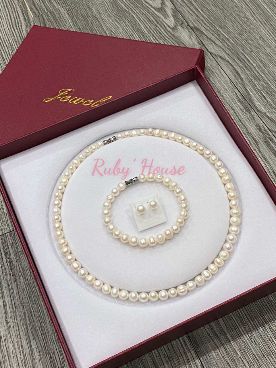 Bộ trang sức ngọc trai nuôi nước ngọt tự nhiên hạt gần tròn 6ly-7ly chuẩn A