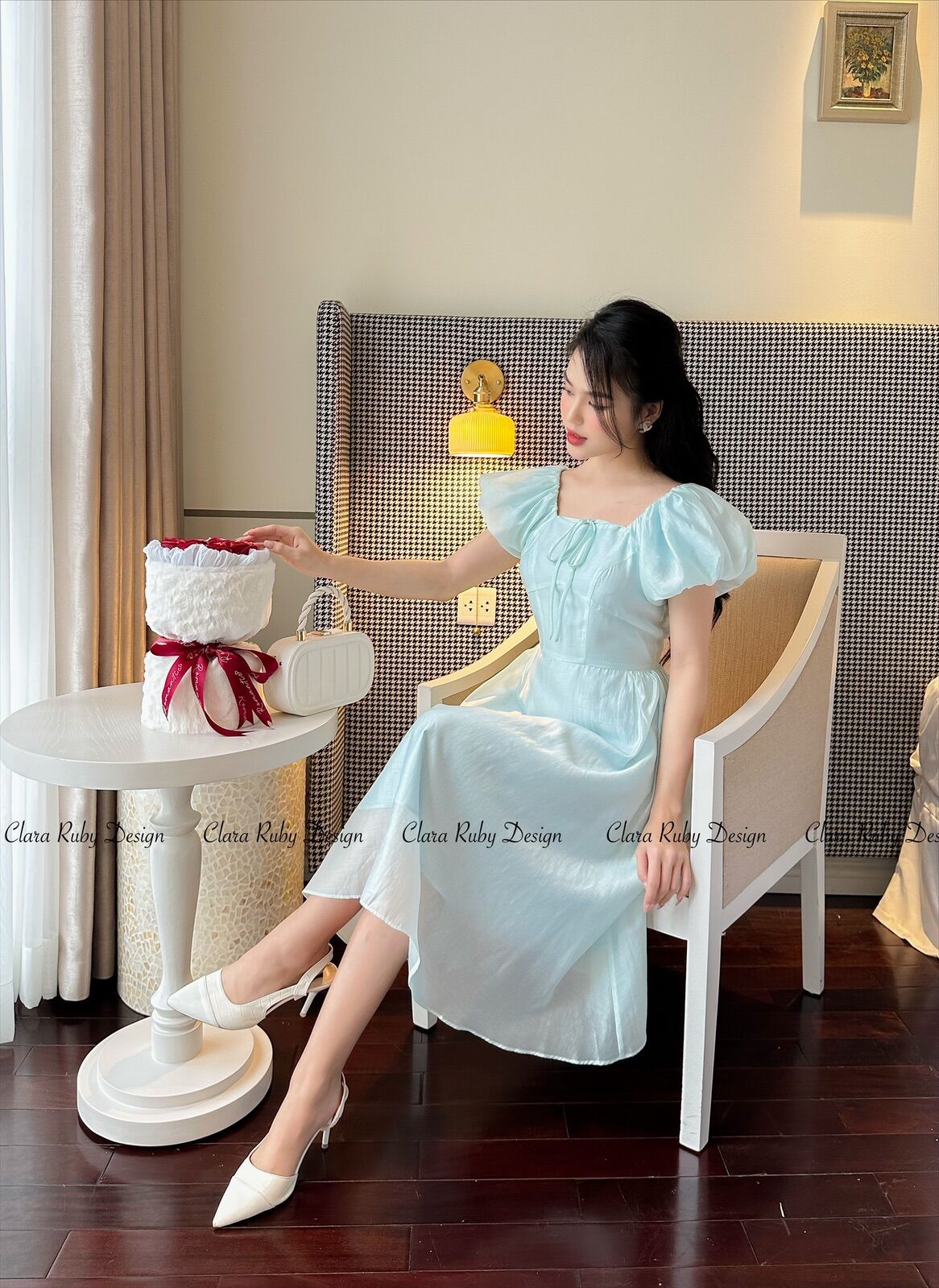 Đầm Lyli dresss Midi vải Tơ trễ vai màu xanh ngọc nhẹ