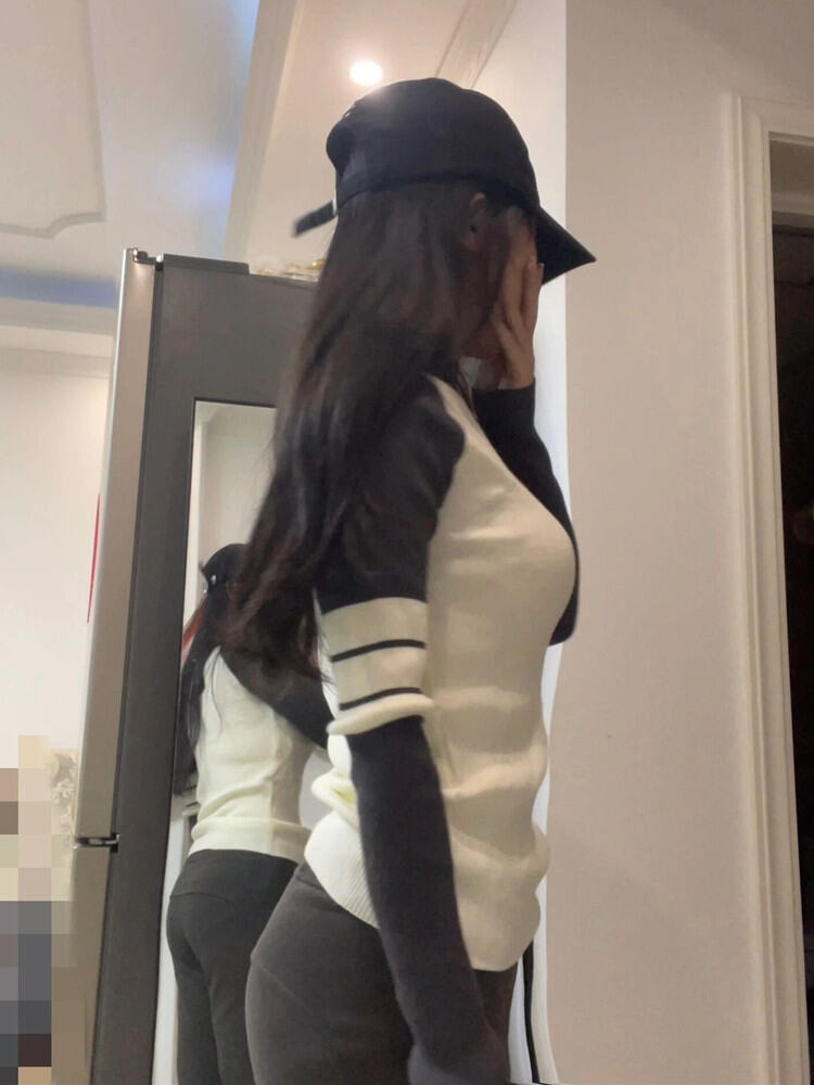 Nữ Ôm Vừa Vặn Áo Len Dệt Kim Áo Sơ Mi Đế Sọc Cổ Tròn Dài Tay Cổ Tròn Phong Cách Mỹ Khối Màu Tương Phản Đồ Len