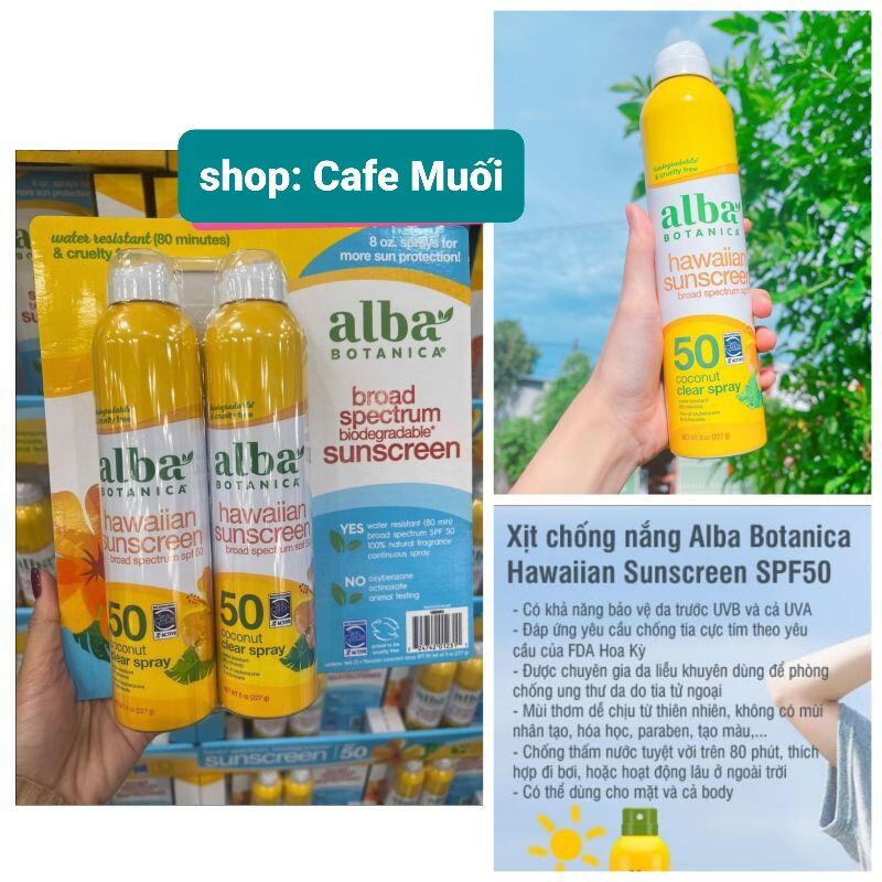 XỊT CHỐNG NẮNG KHÁNG NƯỚC 80P MẶT & BODY  Alba Botanica Hawaiian SPF50 Coconut Clear Spray 227g