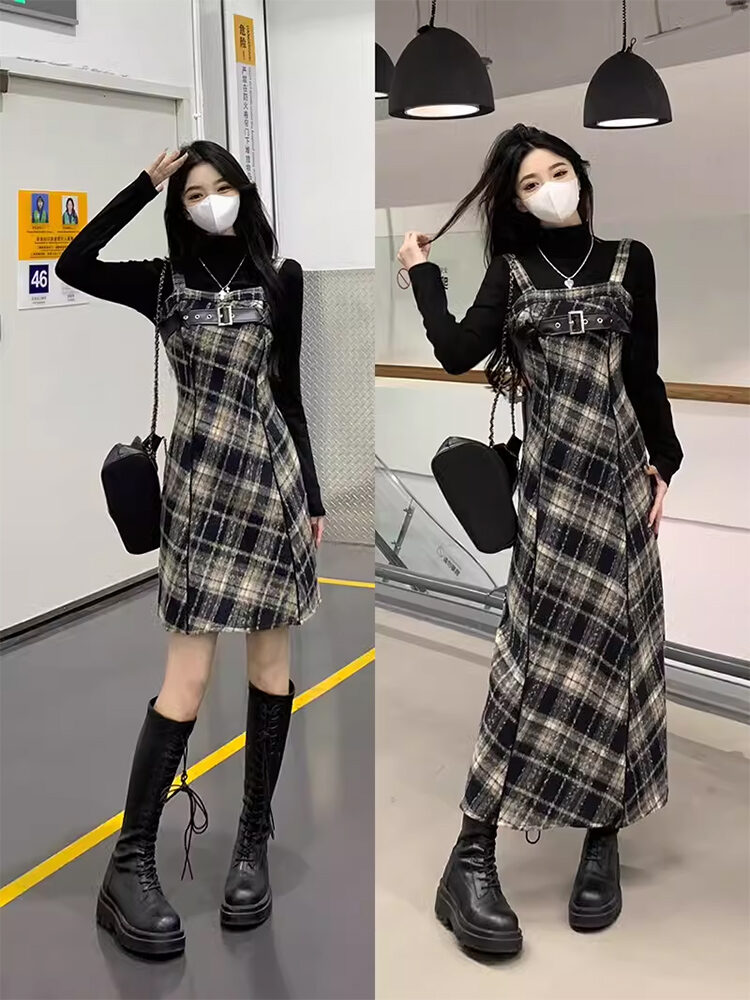 Váy Sơ Mi Kẻ Caro Cổ Điển Cỡ Lớn Cho Nữ, Bộ Đồ Hai Mảnh Màu Đen, Váy Dài Tay Dài, Quần Áo Công Sở Mùa Thu Đông