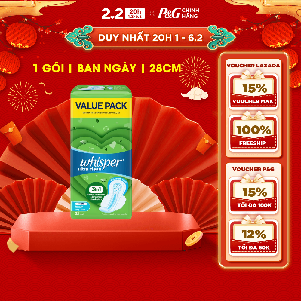 Băng Vệ Sinh WHISPER Ultra Clean Khô Thoáng Siêu Mỏng Cho Ngày Nhiều Có Cánh 28cm 32 Miếng