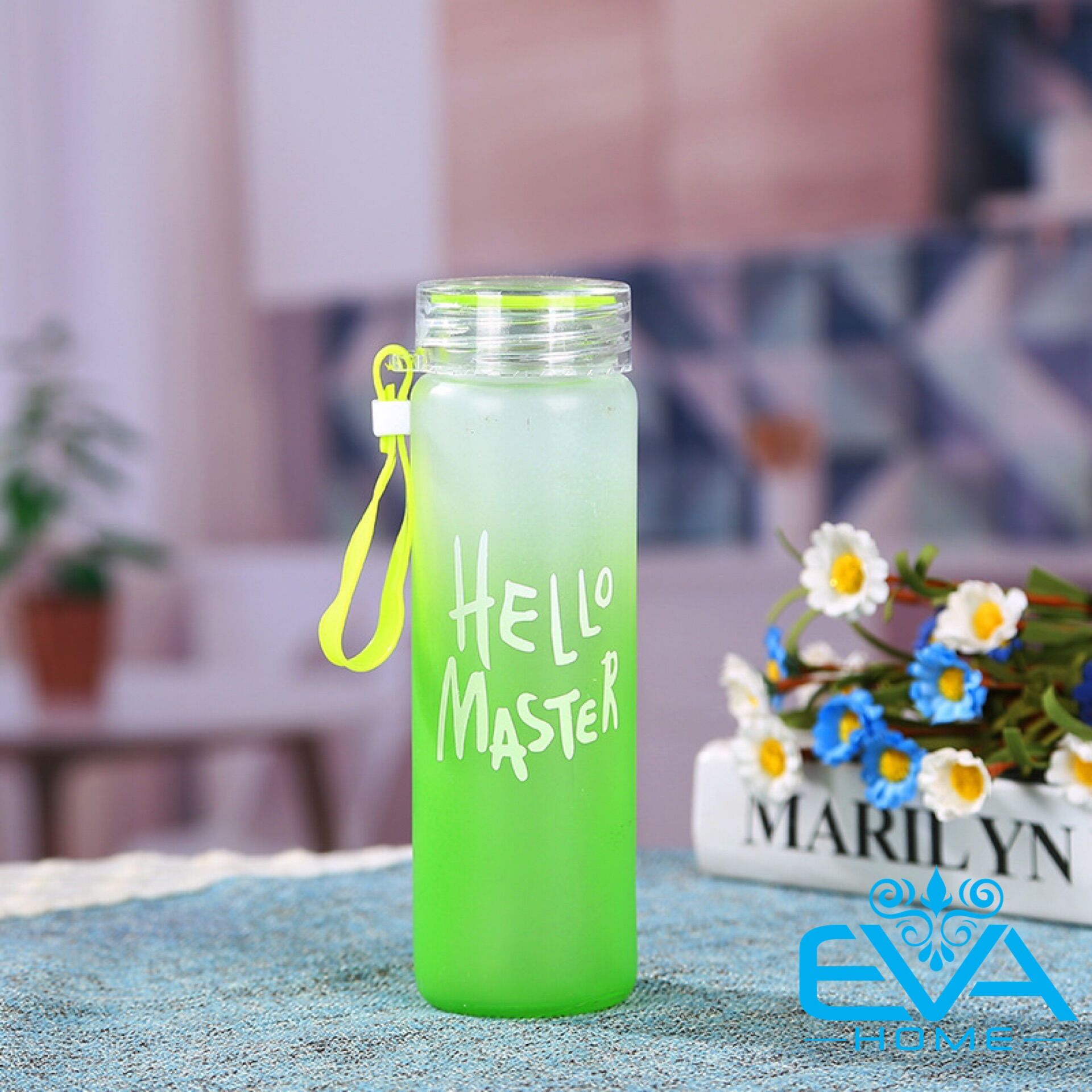 [HCM]Bình Nước Thủy Tinh In Chữ Hello Master 480ML có dây xách