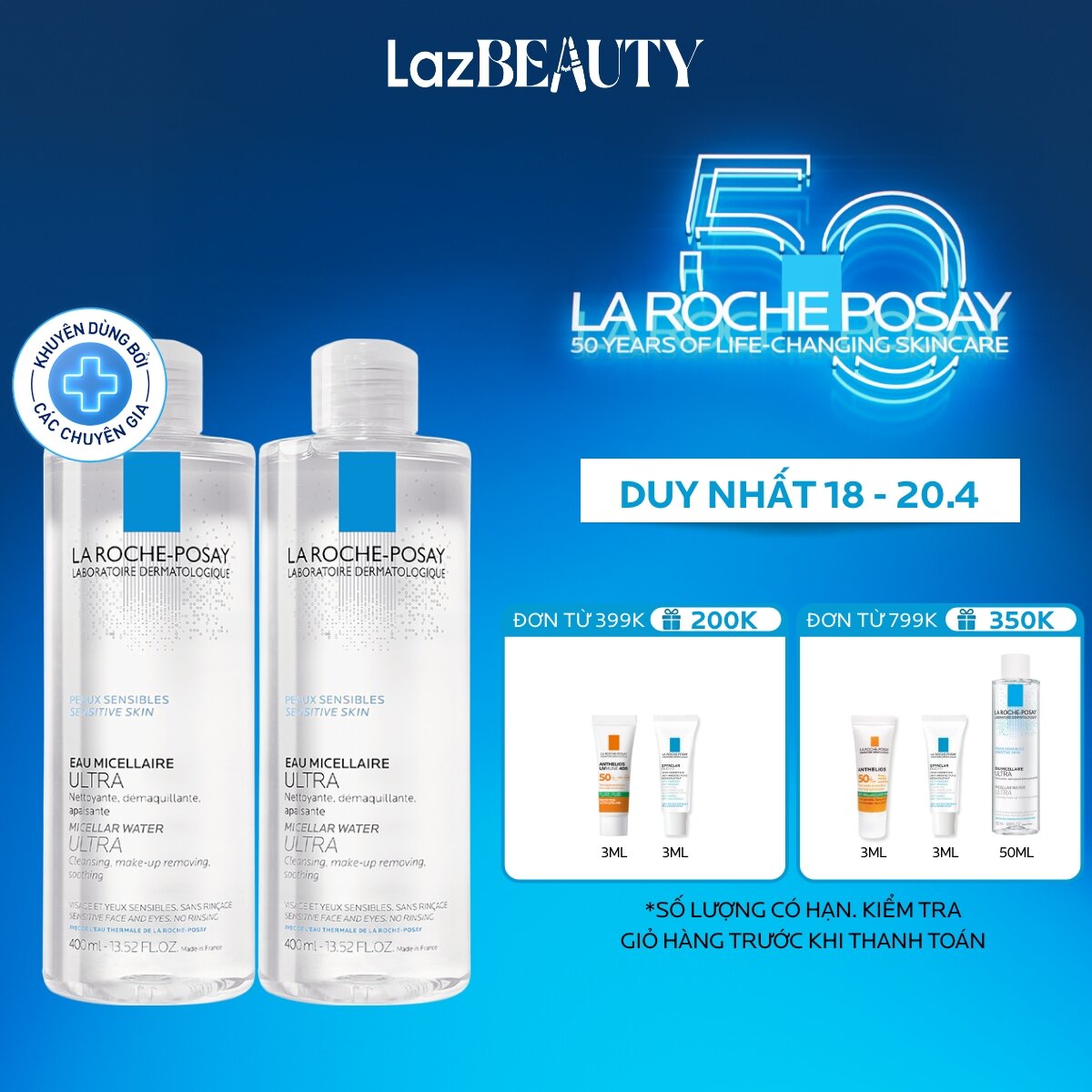 Bộ đôi nước làm sạch sâu và tẩy trang cho da nhạy cảm La Roche-Posay Micellar Water Ultra Sensitive Skin 400ml
