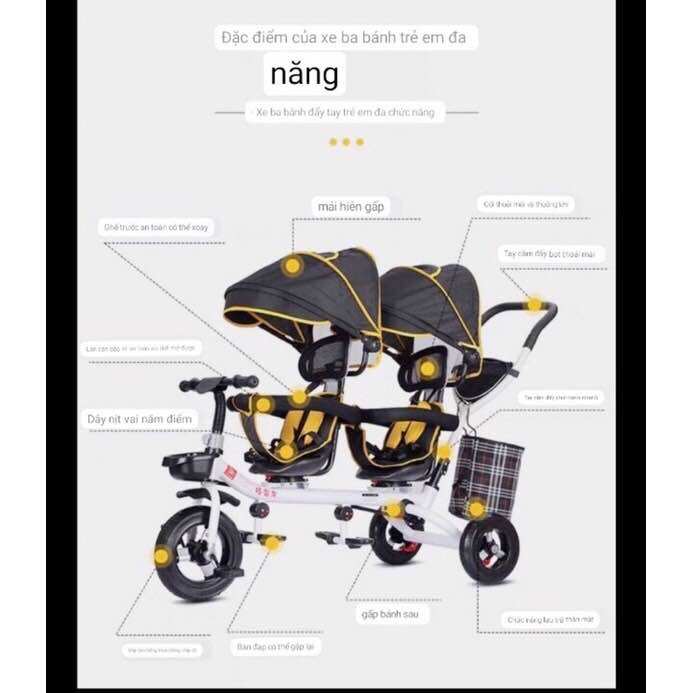 Xe đẩy đôi 3 bánh cho bé ( ghế có lưới thoáng mát) Bánh Cao Su