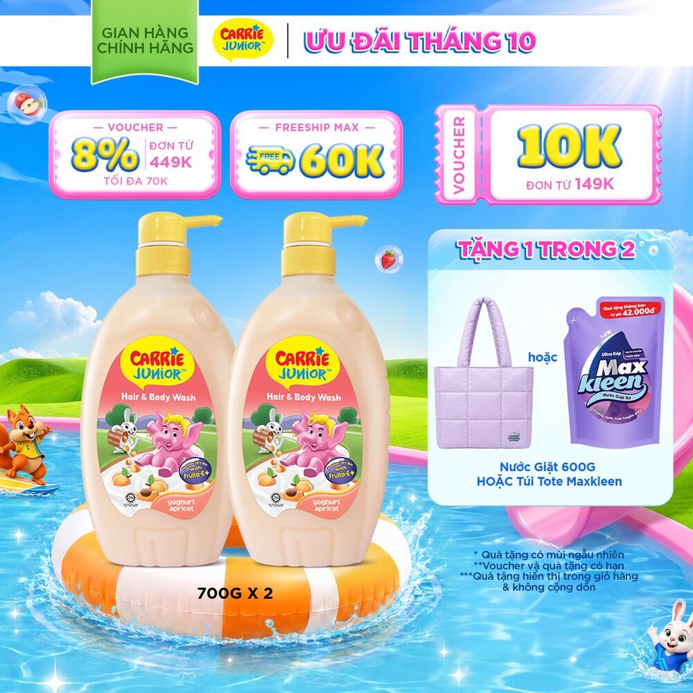 Combo 2 chai Sữa Tắm Gội cho bé Carrie Junior chiết xuất trái cây thiên nhiên Yoghurt Hương Mơ Tây 700g/chai