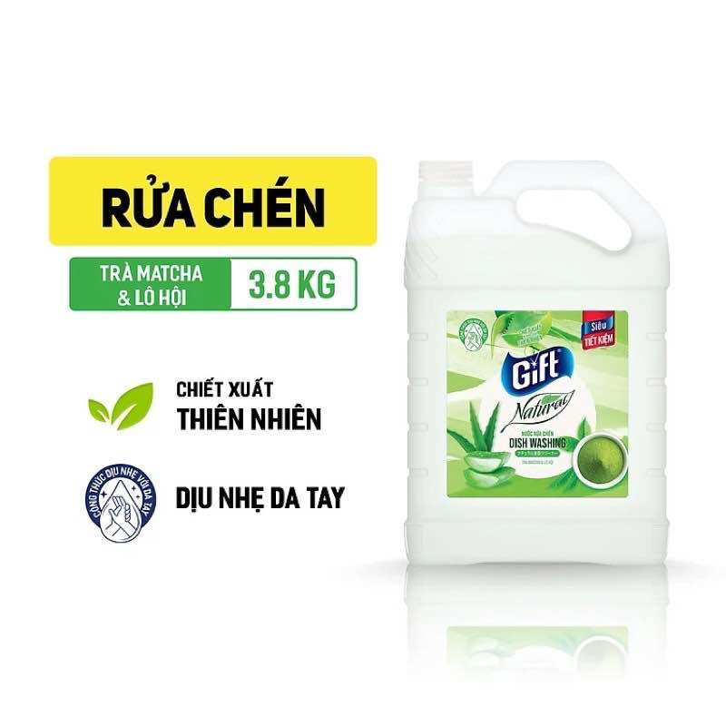 Nước rửa chén Cao Cấp Gift Natural (Chanh Yuzu & Gừng/ Trà Matcha & Lô Hội) can 3,8Kg