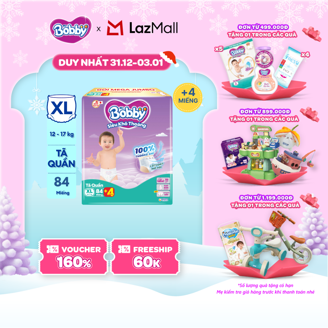 CHỈ 20h 31.12-03.01 QT Đơn 899K 1199K Tã bỉm quần Bobby 3mm Mega Jumbo Gạo non Giảm nhiệt XL84