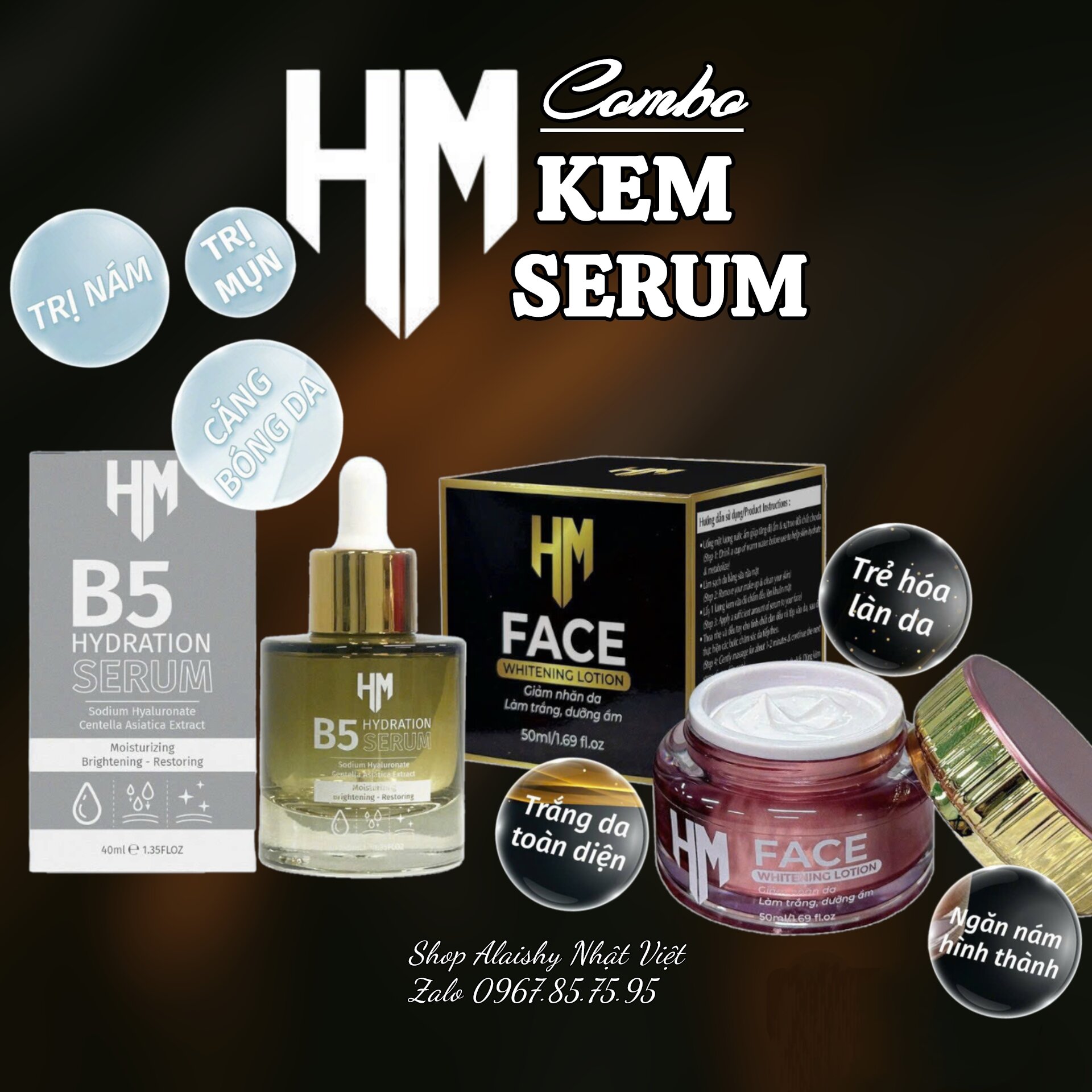 [TẶNG QUÀ] Combo Kem và Serum HM B5 - Face HM Trắng Da, Dưỡng Ẩm và Serum Hm B5 Phục Hồi, Căng Bóng
