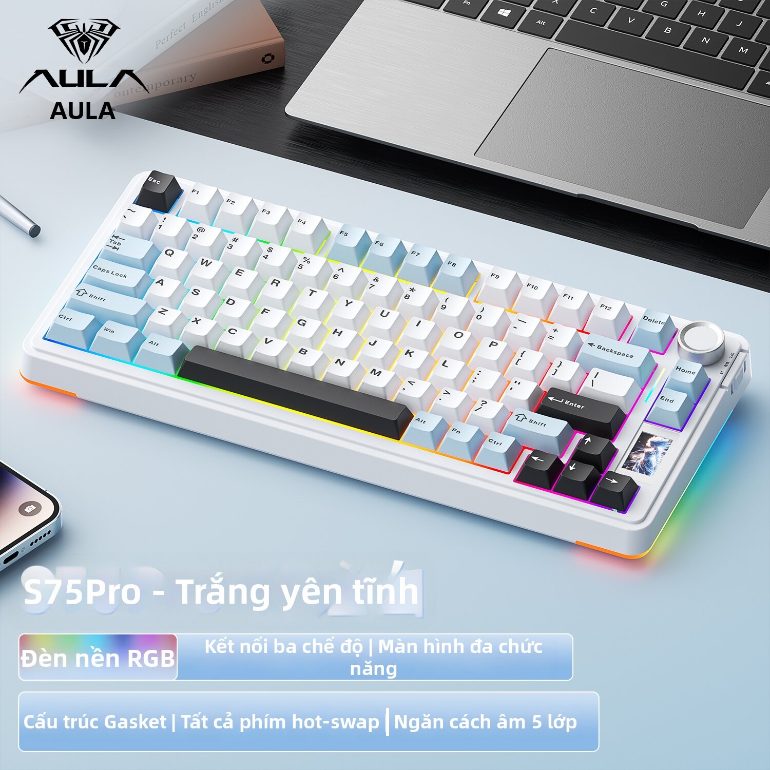 AULA | Bàn phím cơ ba chế độ F75 không dây Bluetooth dành cho máy tính/laptop