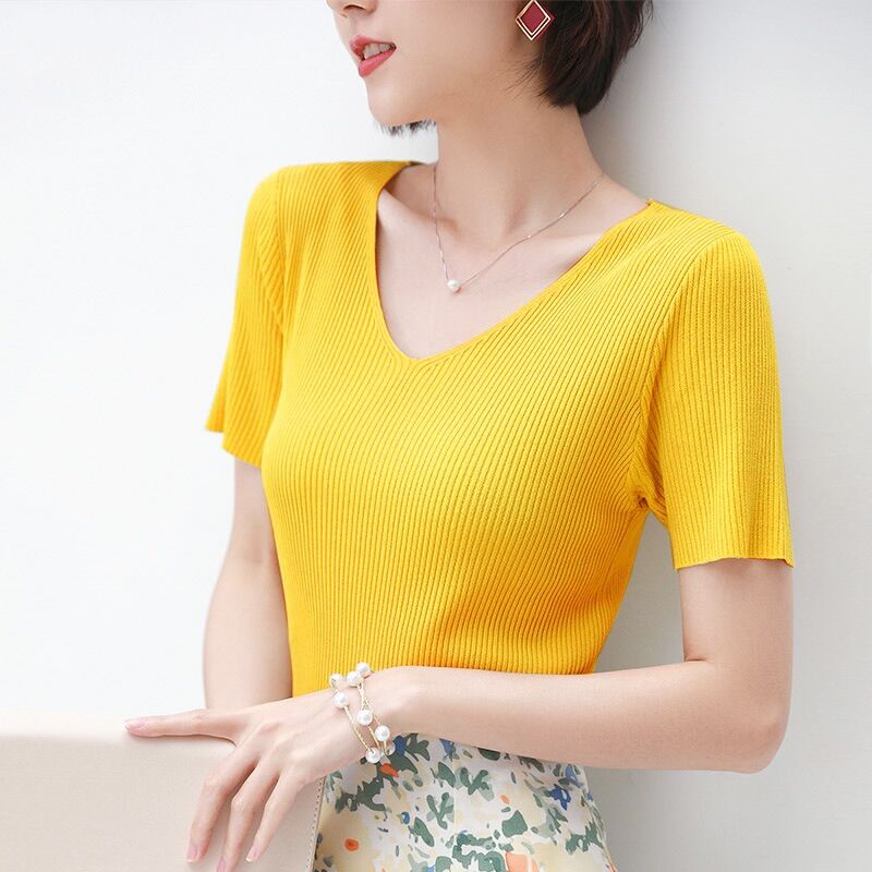 Áo cộc tay cổ tim len tăm Quảng Châu