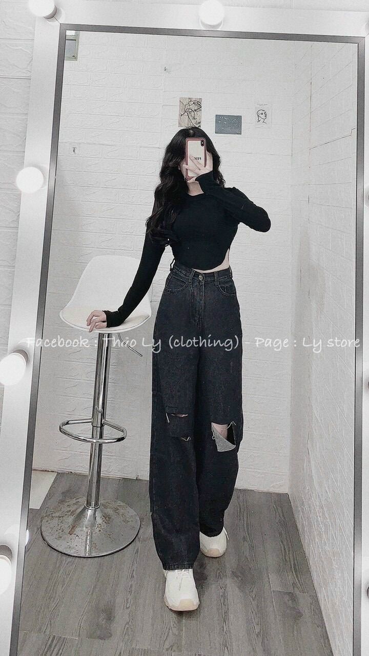 BAGGY JEANS ỐNG SUỐNG ĐEN RÁCH 3