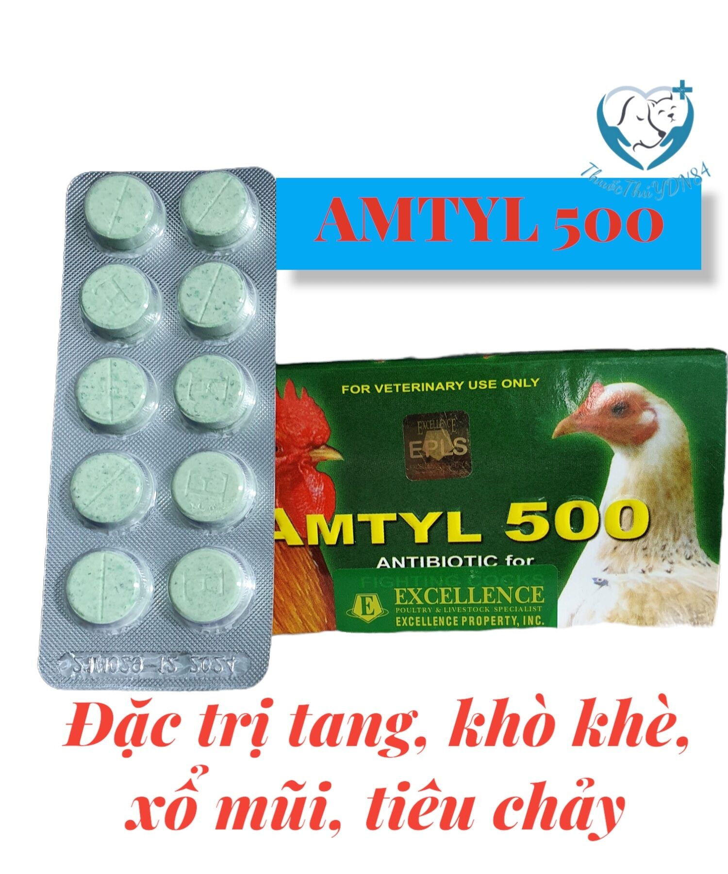 Vỉ 10 viên amtyl 500 tổng hợp gà đá bị tang, khò khè, tiêu chảy, xổ mũi